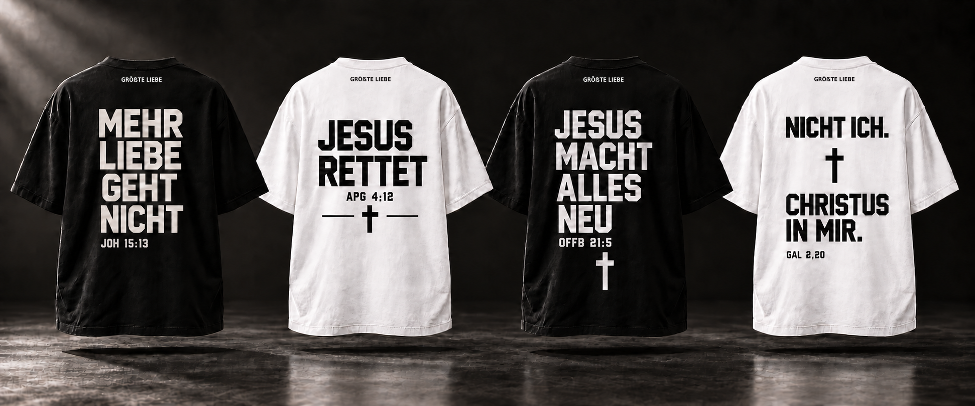 Vier Rückseiten-Designs der GRÖẞTE LIEBE Kollektion mit Bibelstellen